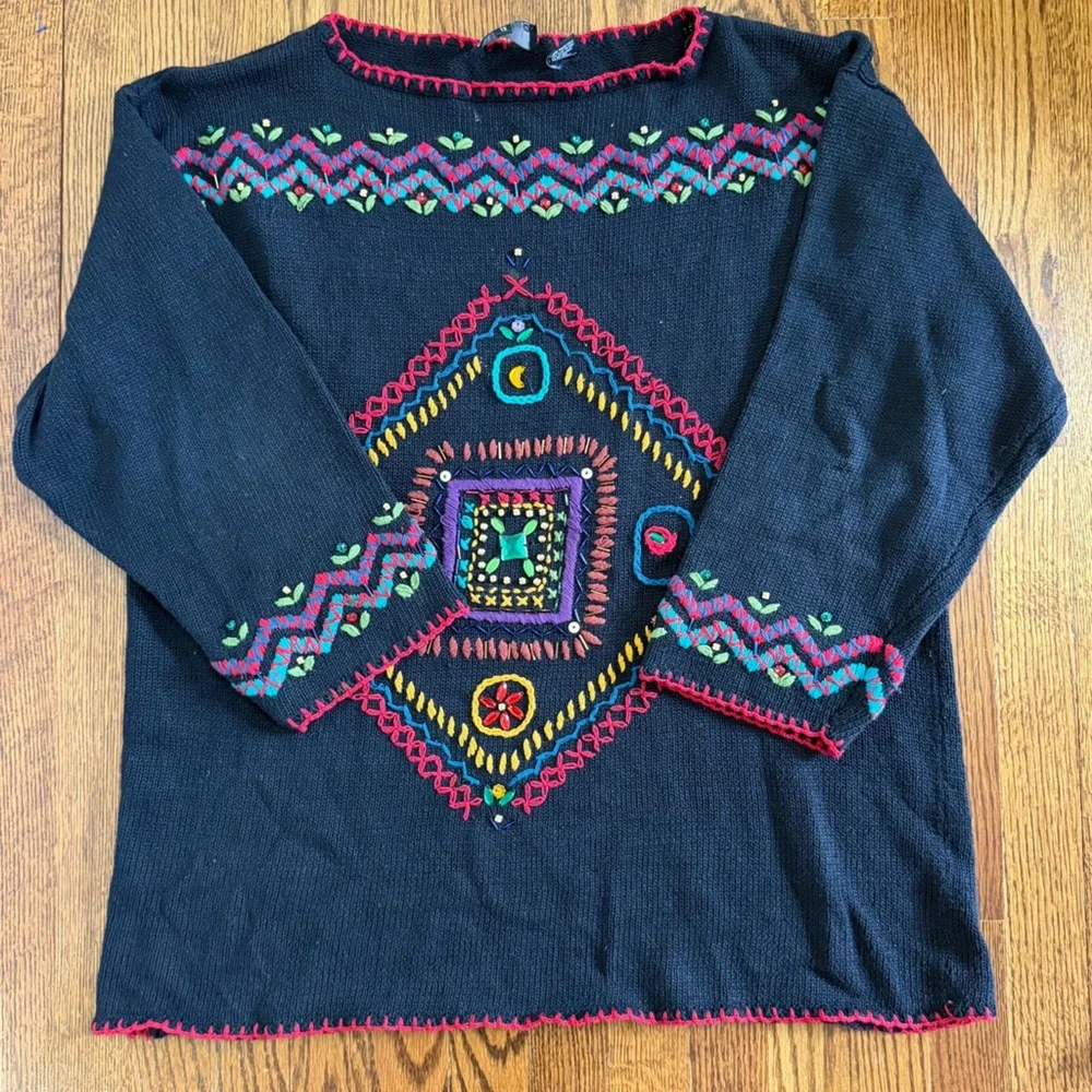 Carole Little Vintage Black Embroidered Bedazzled Sweater 3/4 Sleeve Size 1X